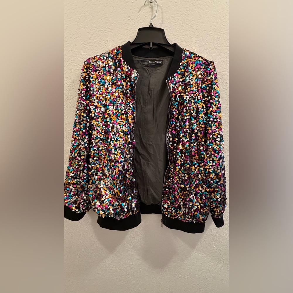 SHEIN Multicolor Sequin Bomber Jacket with Black Trim